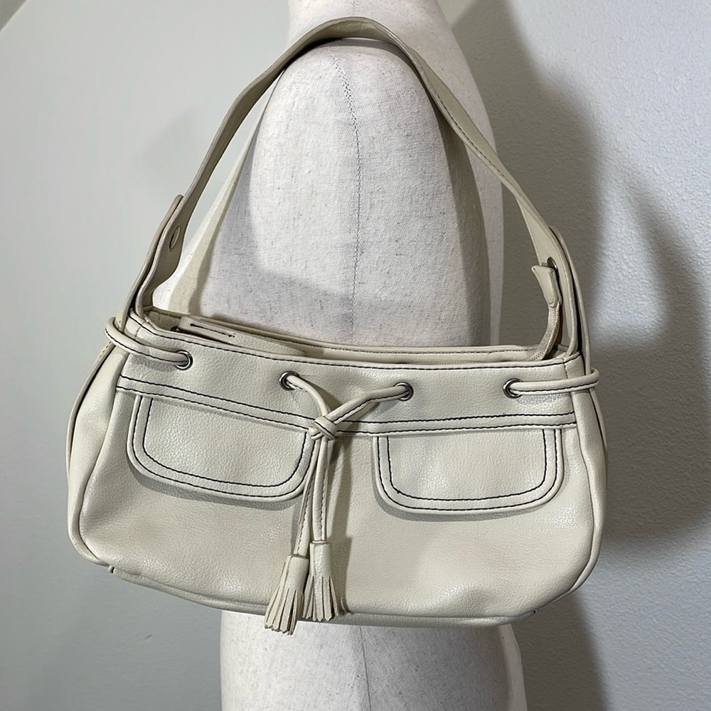Y2K Liz Claiborne Small Mini Shoulder Purse Bag Cream Black Stitching Vintage